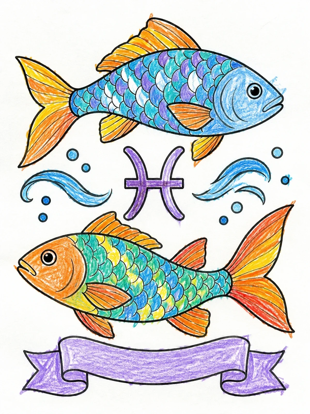 Colored example of the Pisces Zodiac Fish With Astrological Symbol coloring page