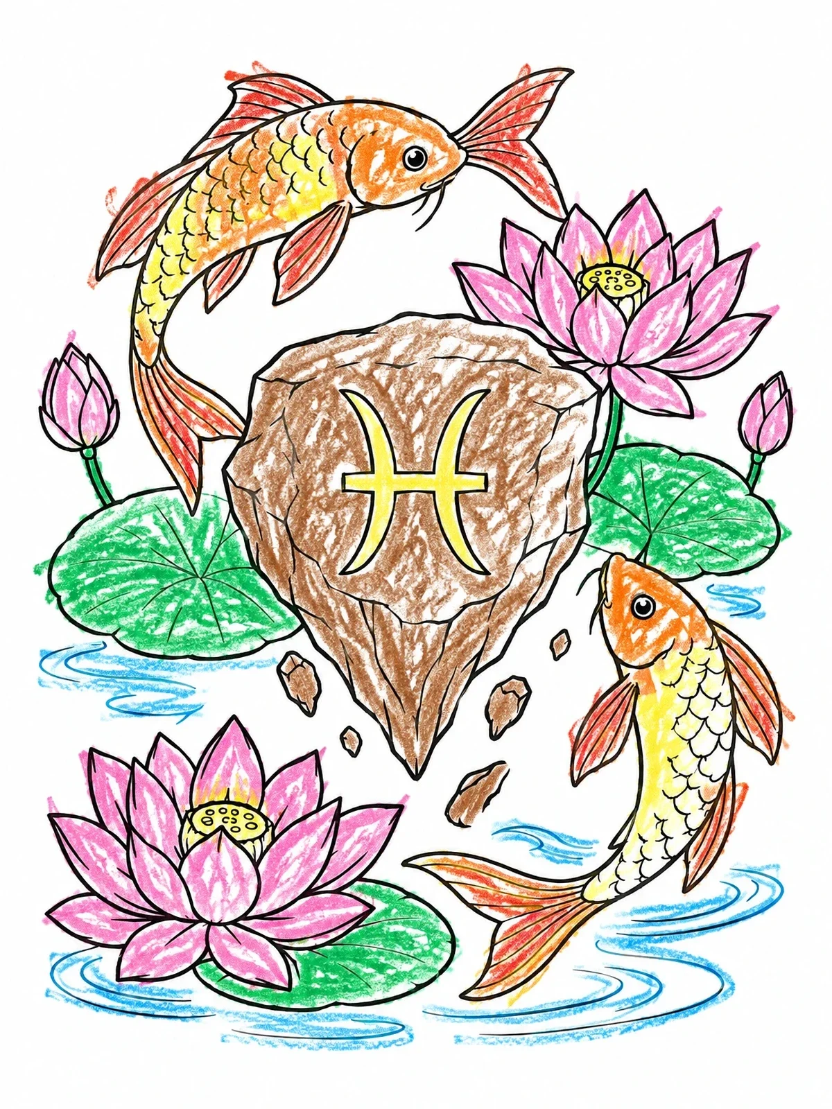 Colored example of the Pisces Symbol With Koi And Lotus coloring page
