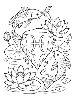 Pisces Symbol with Koi and Lotus coloring page