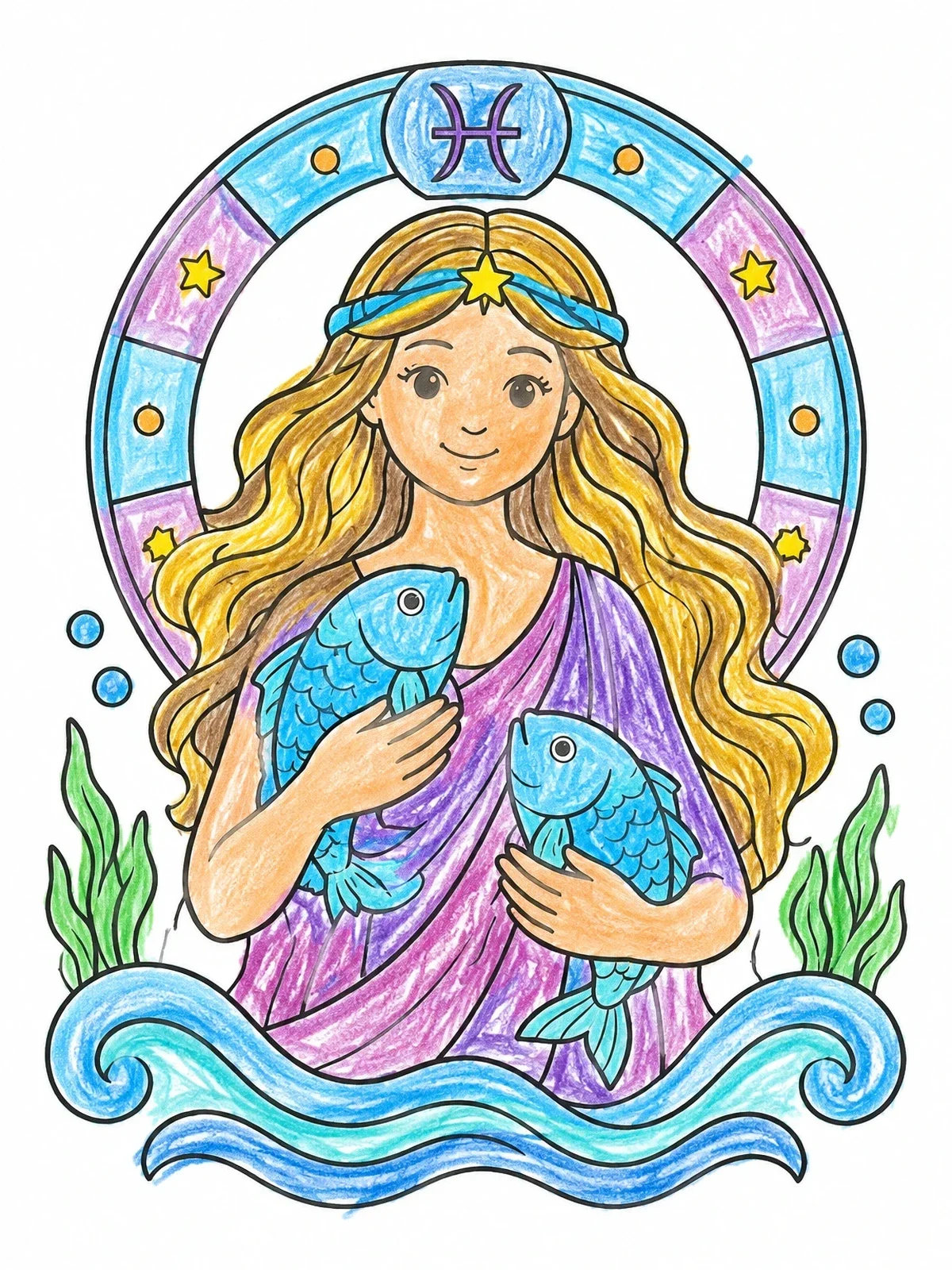 Colored example of the Pisces Maiden With Two Fish coloring page