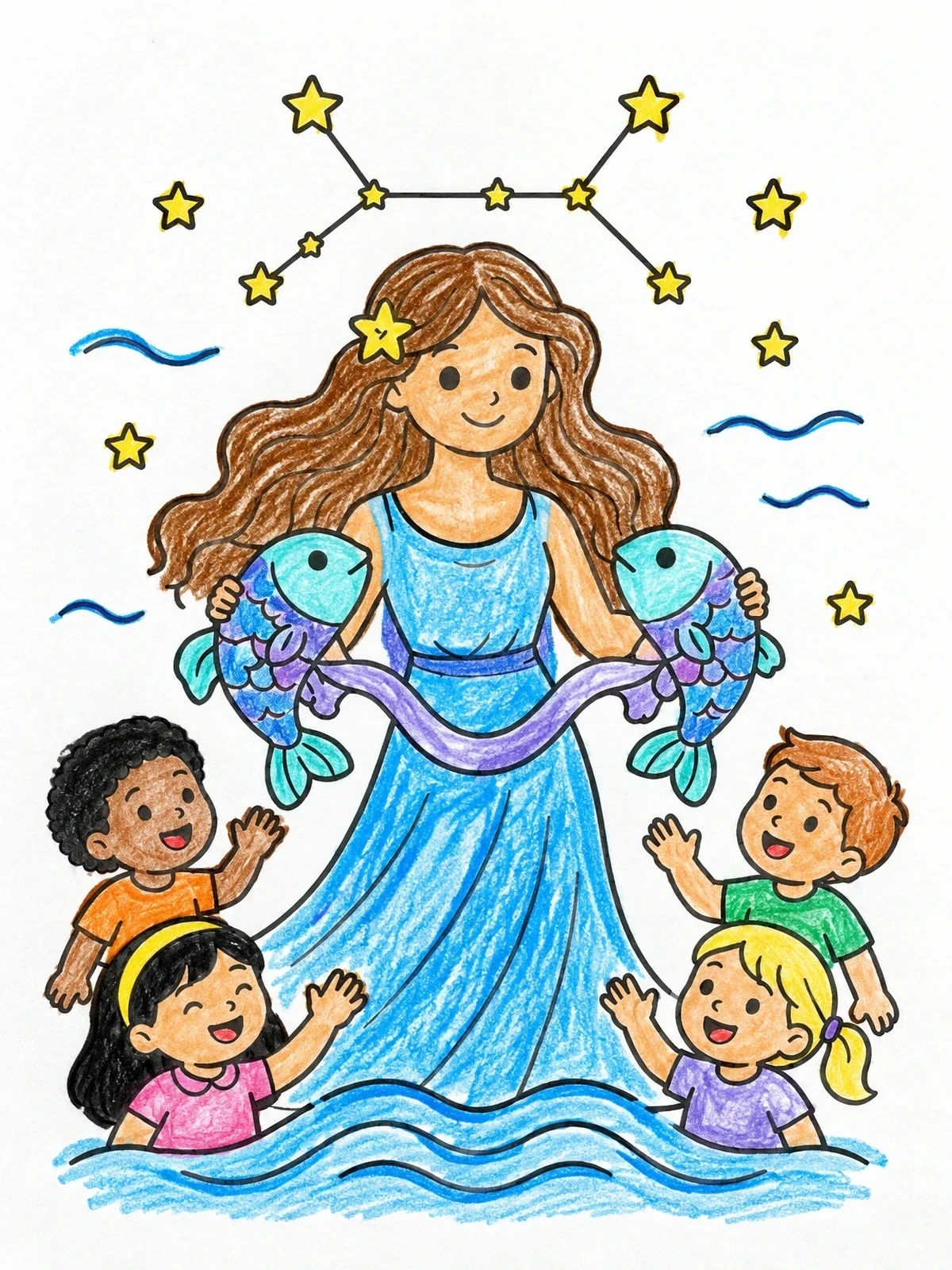 Colored example of the Pisces Maiden With Fish And Children coloring page