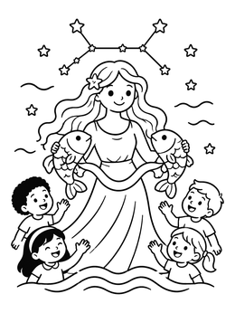 Free printable Pisces Maiden With Fish And Children coloring page