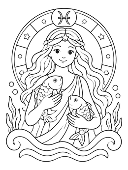 Free printable Pisces Maiden With Two Fish coloring page