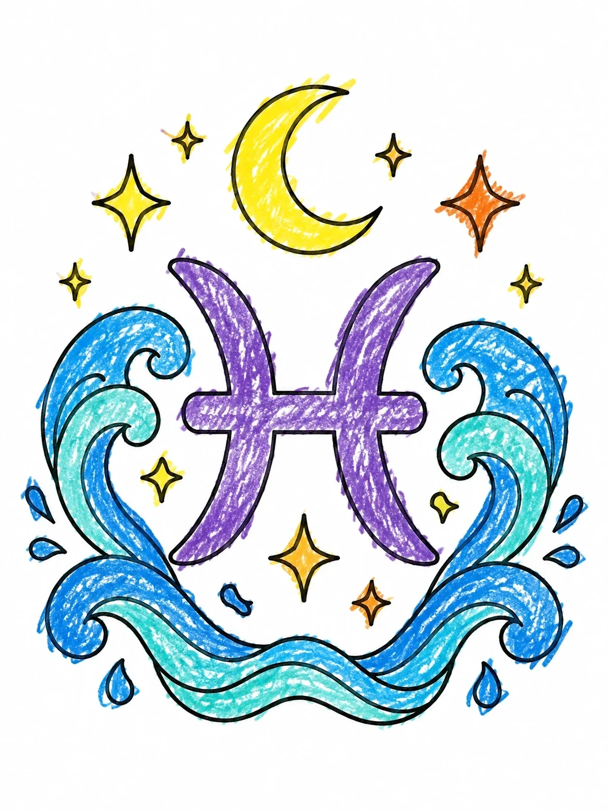 Colored example of the Pisces Zodiac Symbol With Waves coloring page
