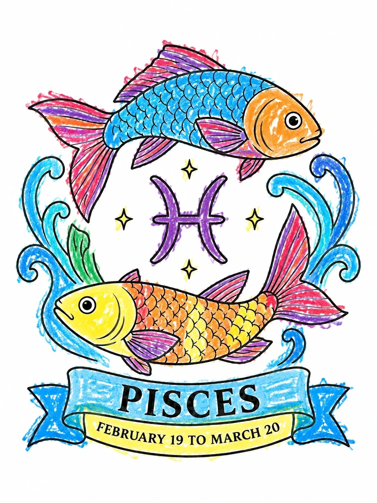 Colored example of the Pisces Zodiac Twin Fish And Banner coloring page