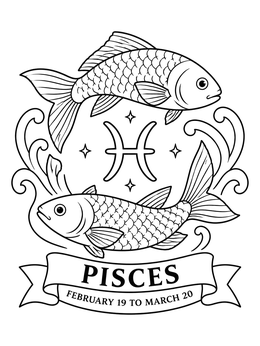 A detailed pisces coloring page featuring two swimming fish, zodiac symbol, and date banner.