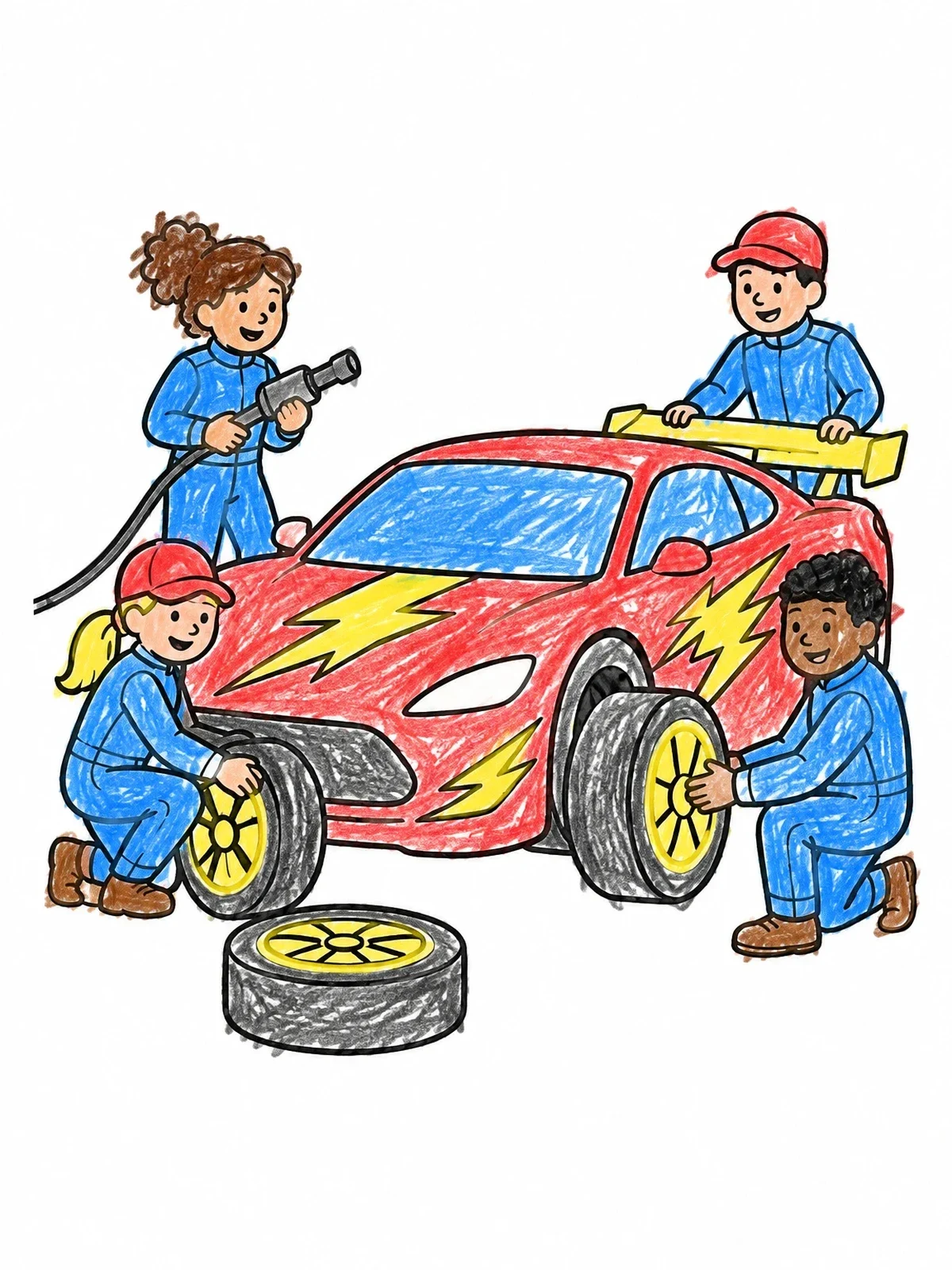 Colored example of the Pit Crew Servicing Race Car coloring page
