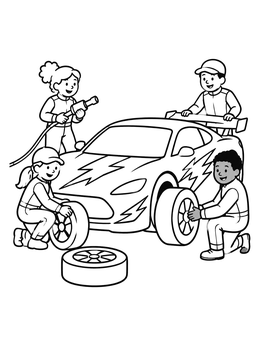 Free printable Pit Crew Servicing Race Car coloring page