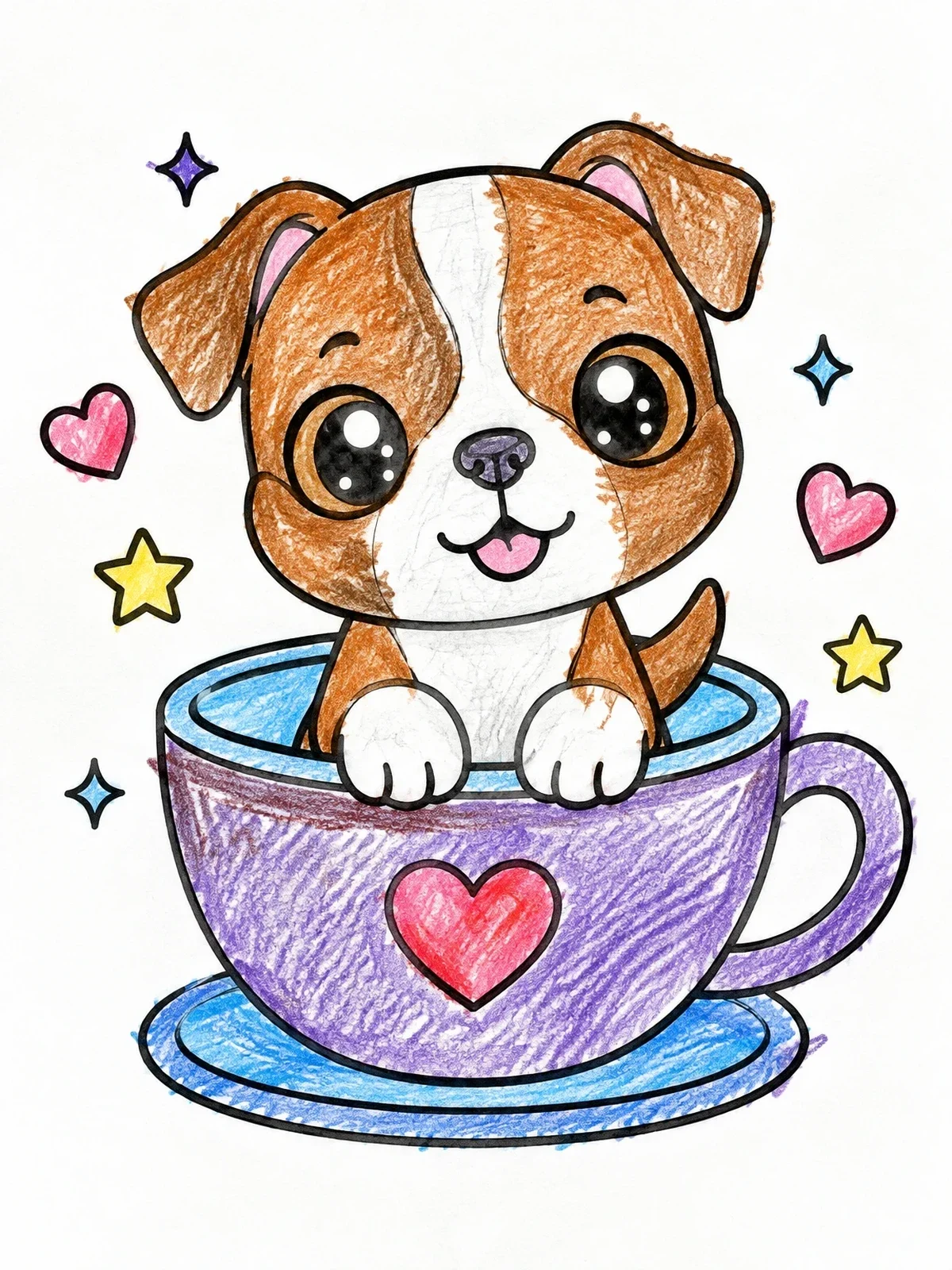 Colored example of the Cute Puppy In A Teacup coloring page