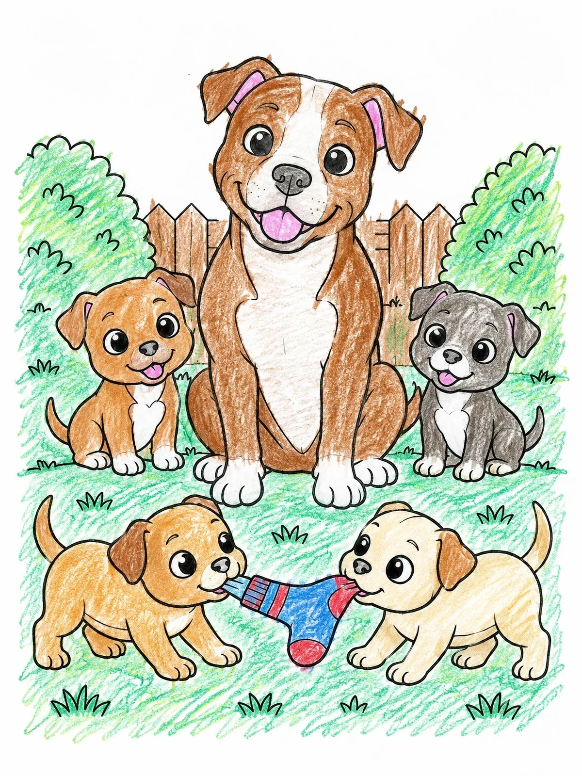 Colored example of the Pitbull Dog With Playful Puppies coloring page