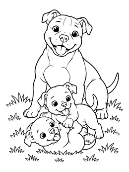 Free printable Pitbull Dog With Playful Puppies coloring page