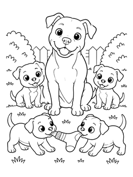 Free printable Pitbull Dog With Playful Puppies coloring page