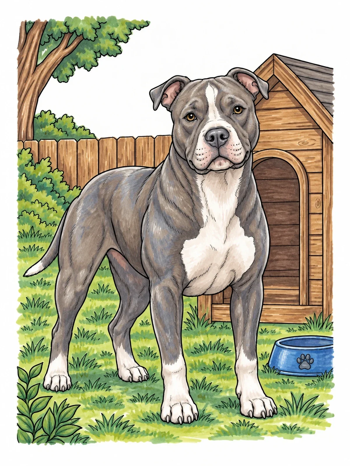 Colored example of the Pitbull Beside Backyard Doghouse coloring page