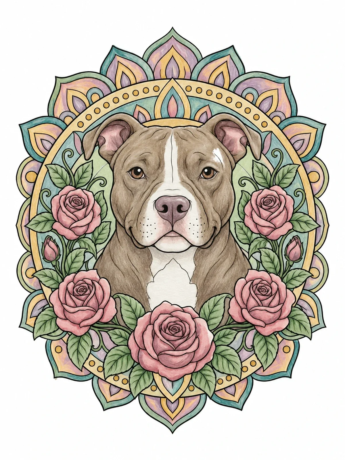 Colored example of the Pitbull Portrait With Roses And Mandala coloring page