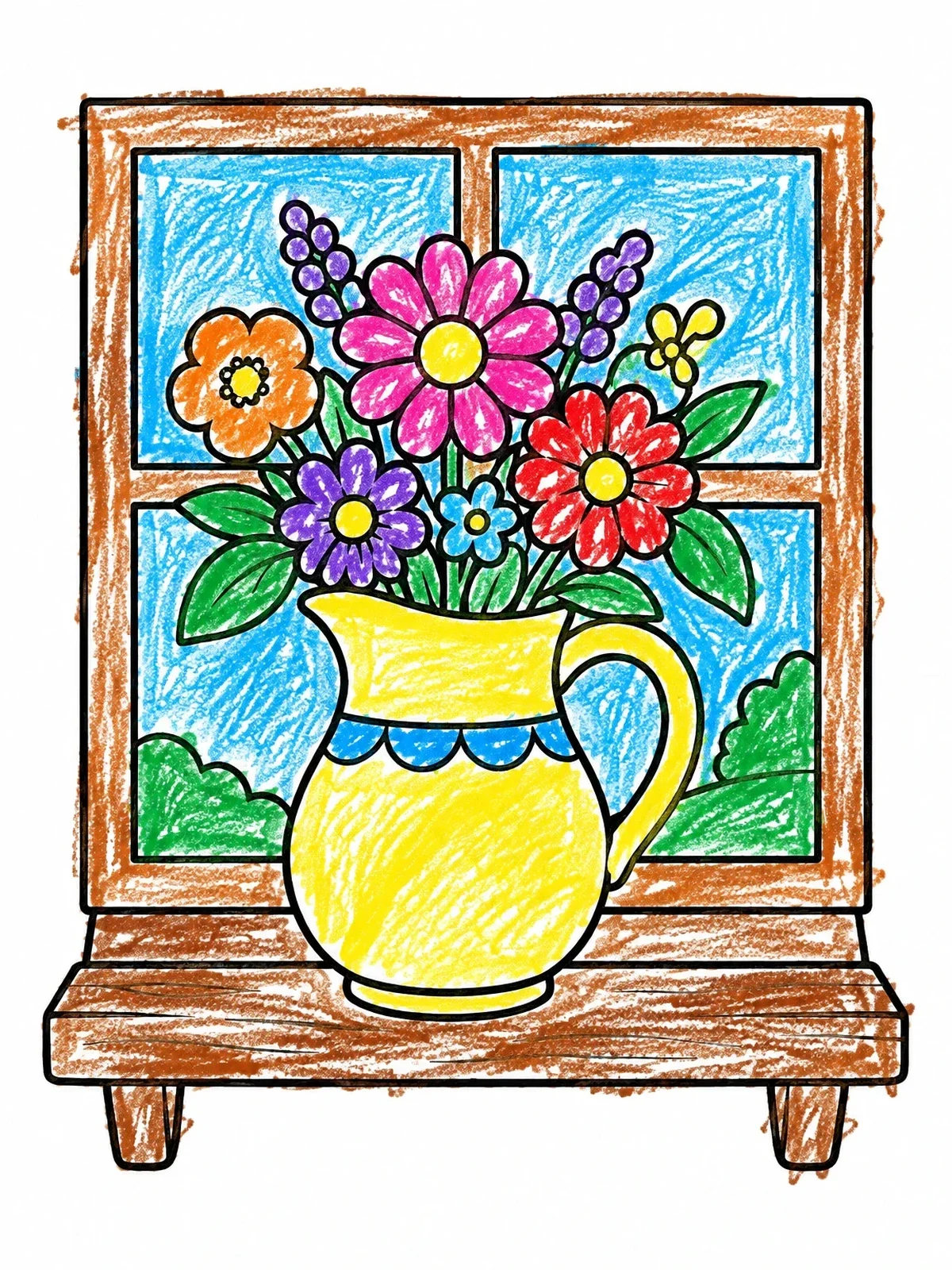 Colored example of the Pitcher Of Flowers On Windowsill coloring page