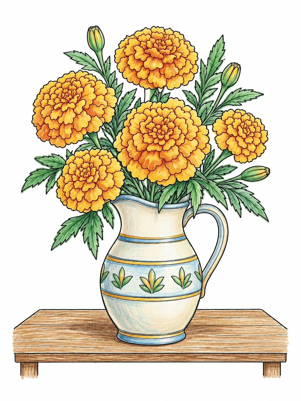 Colored example of the Pitcher Vase With Marigold Bouquet coloring page