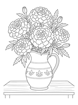 A rustic pitcher filled with blooming marigolds rests on a table in this marigold flower coloring page.