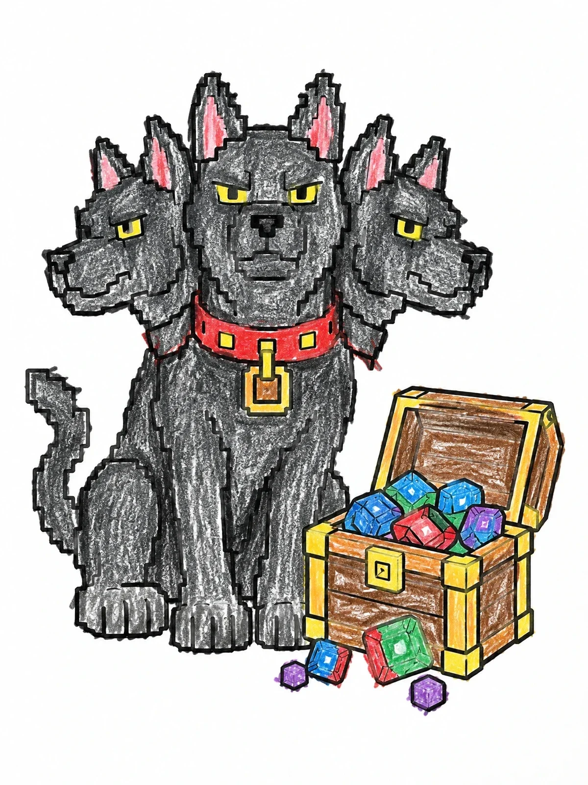 Colored example of the Pixel Art Cerberus Guarding Treasure coloring page