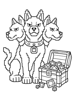 A pixel-style cerberus coloring page sitting next to an open treasure chest filled with gems.
