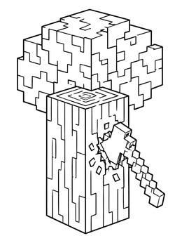 A pixelated axe coloring page showing a blocky tool stuck inside a cubic tree trunk.