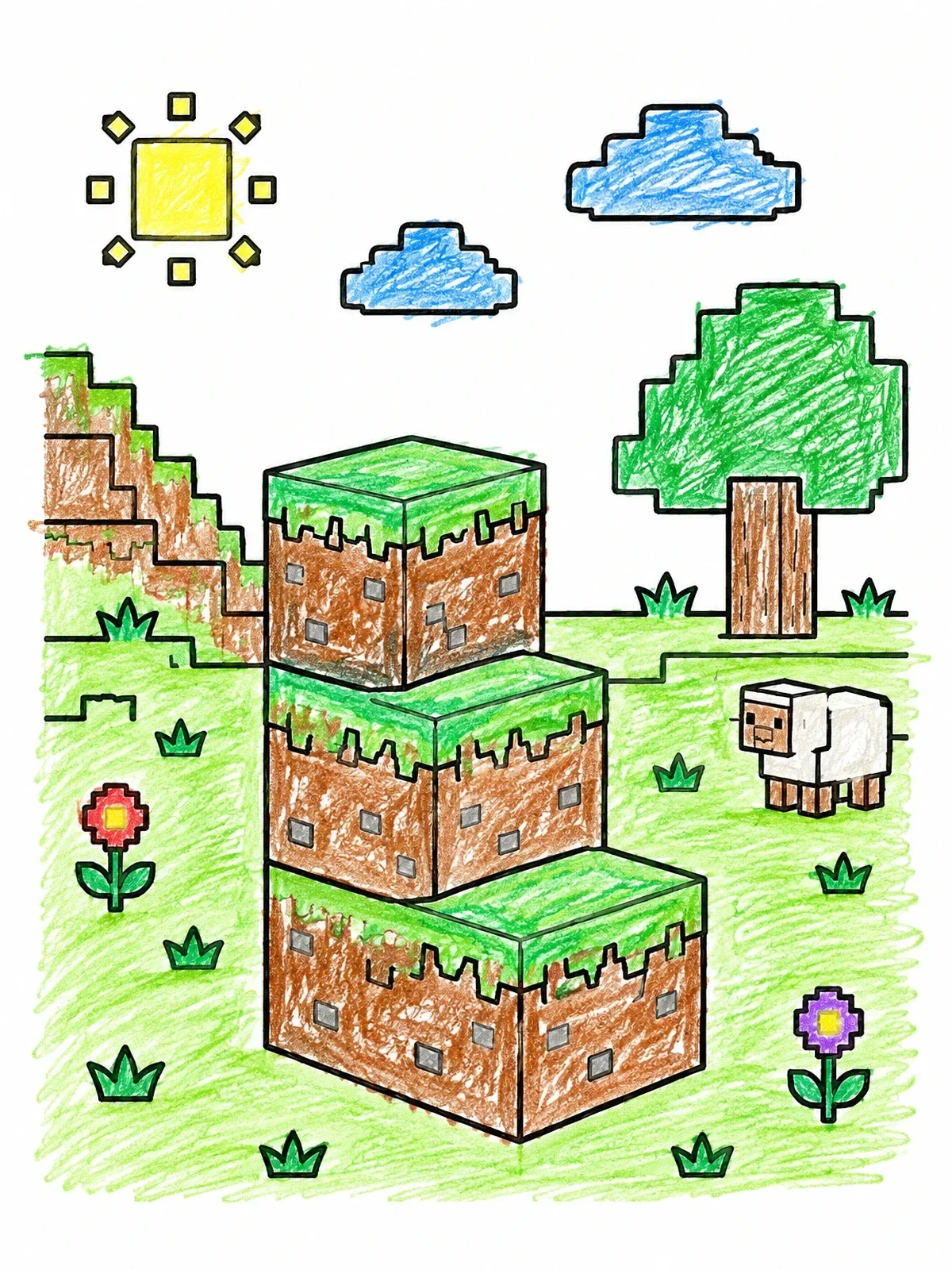 Colored example of the Pixelated Grass Block Staircase coloring page