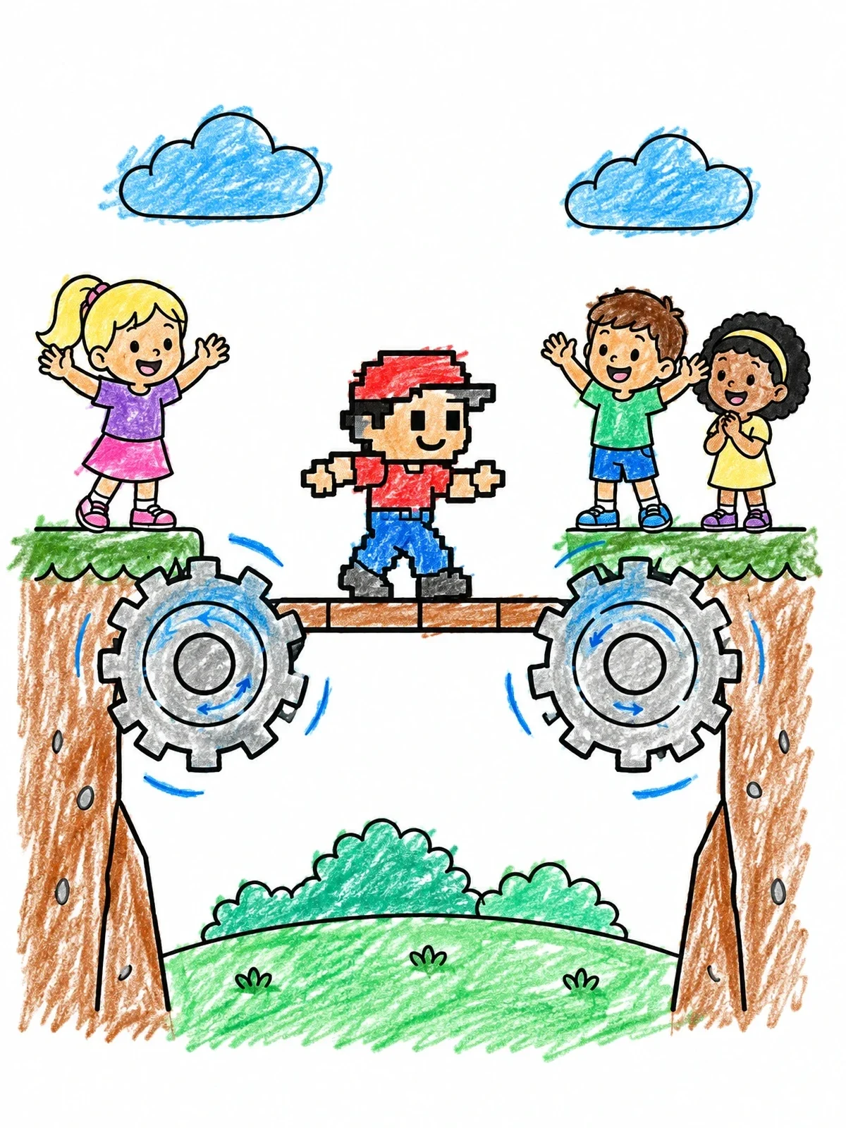 Colored example of the Pixel Hero Parkour Bridge Challenge coloring page