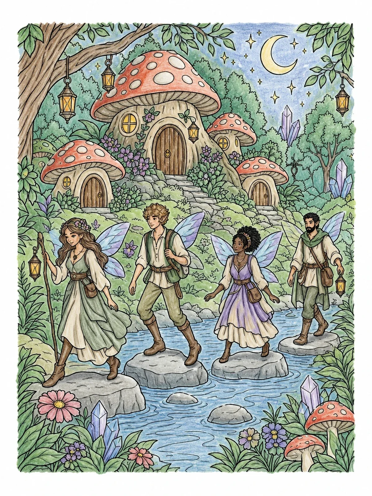 Colored example of the Pixies Crossing A Forest Stream coloring page