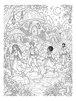 A magical pixies coloring page showing winged fairies stepping across stones before mushroom houses.