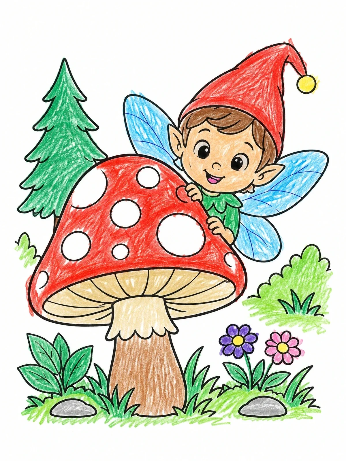 Colored example of the Cute Pixie Behind A Mushroom coloring page