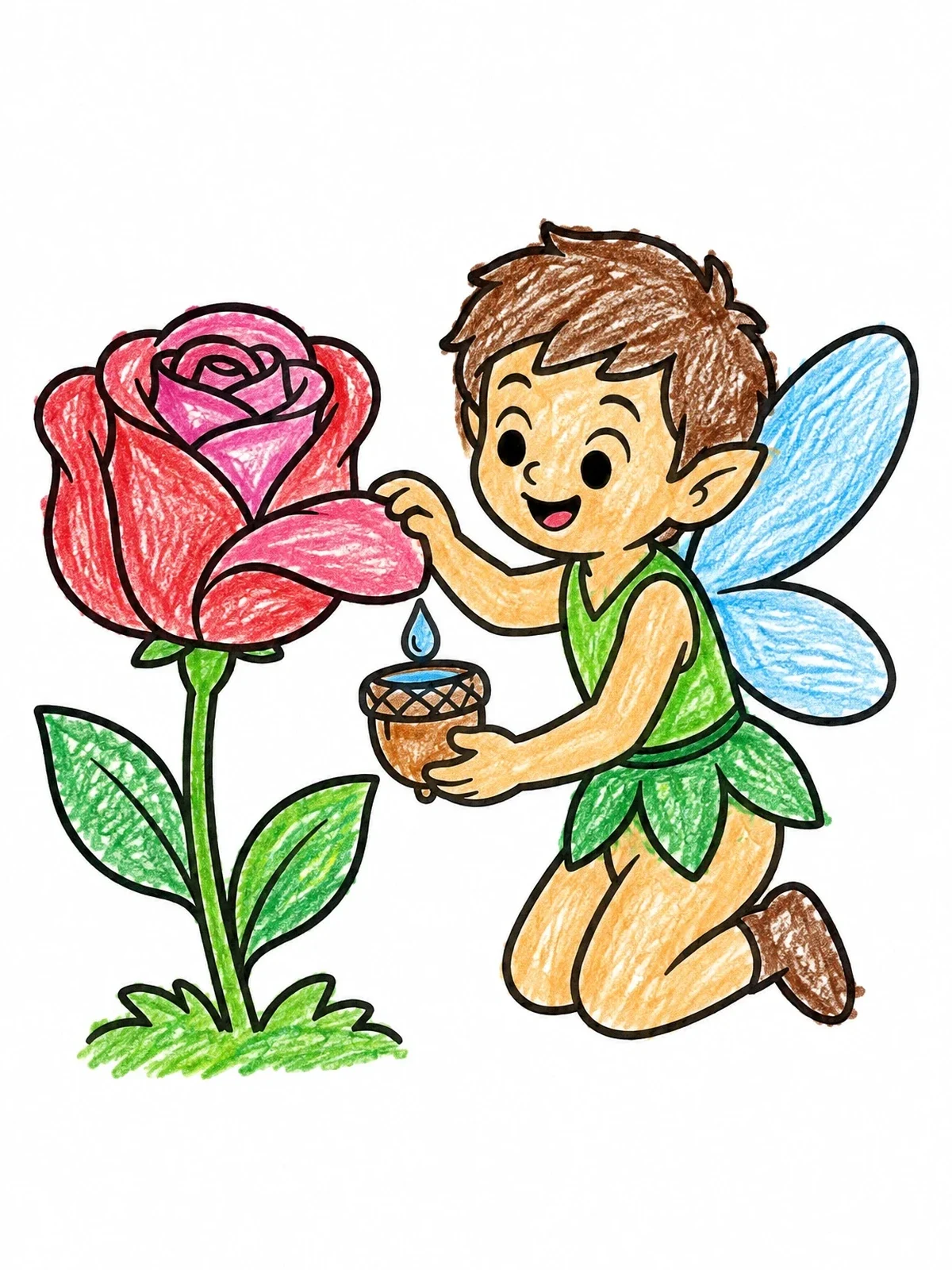 Colored example of the Cute Pixie Gathering Dew Drops coloring page