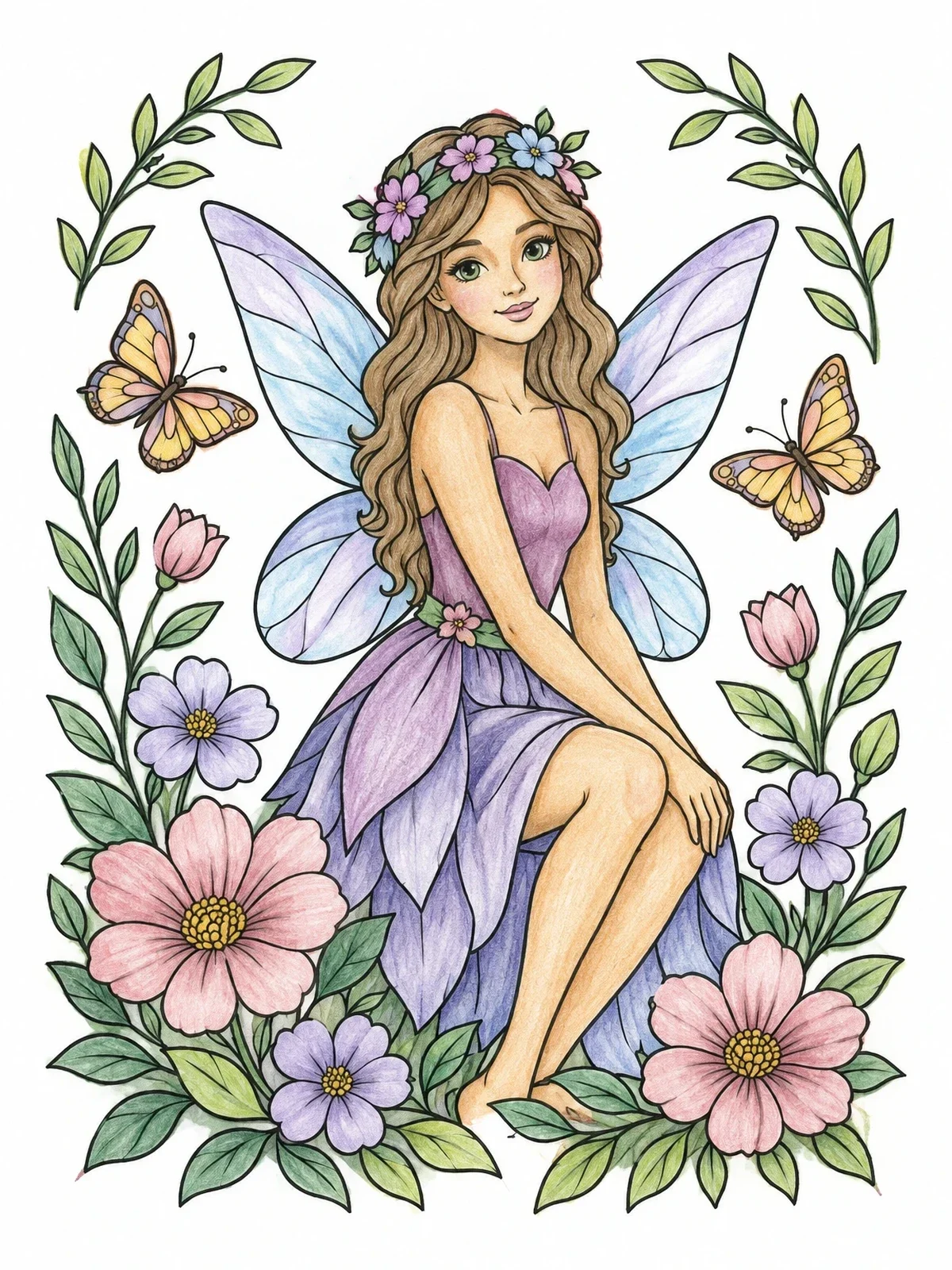 Colored example of the Garden Pixie With Floral Wreath coloring page