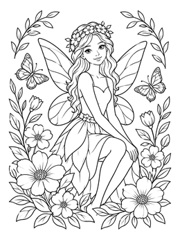 Free printable Garden Pixie With Floral Wreath coloring page