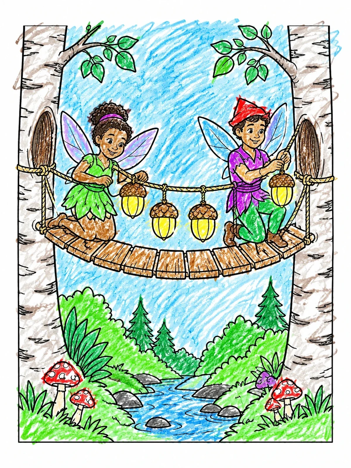 Colored example of the Pixies Hanging Acorn Lanterns coloring page
