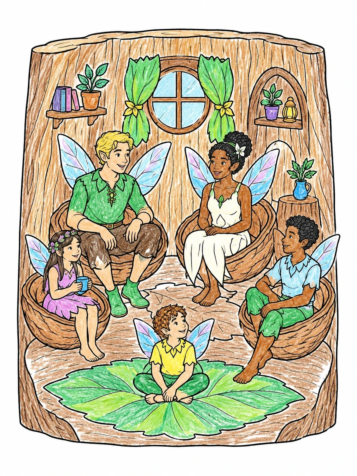 Colored example of the Pixie Family In Tree Stump Home coloring page