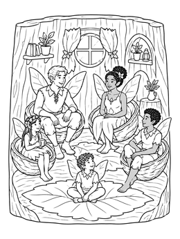 Free printable Pixie Family In Tree Stump Home coloring page