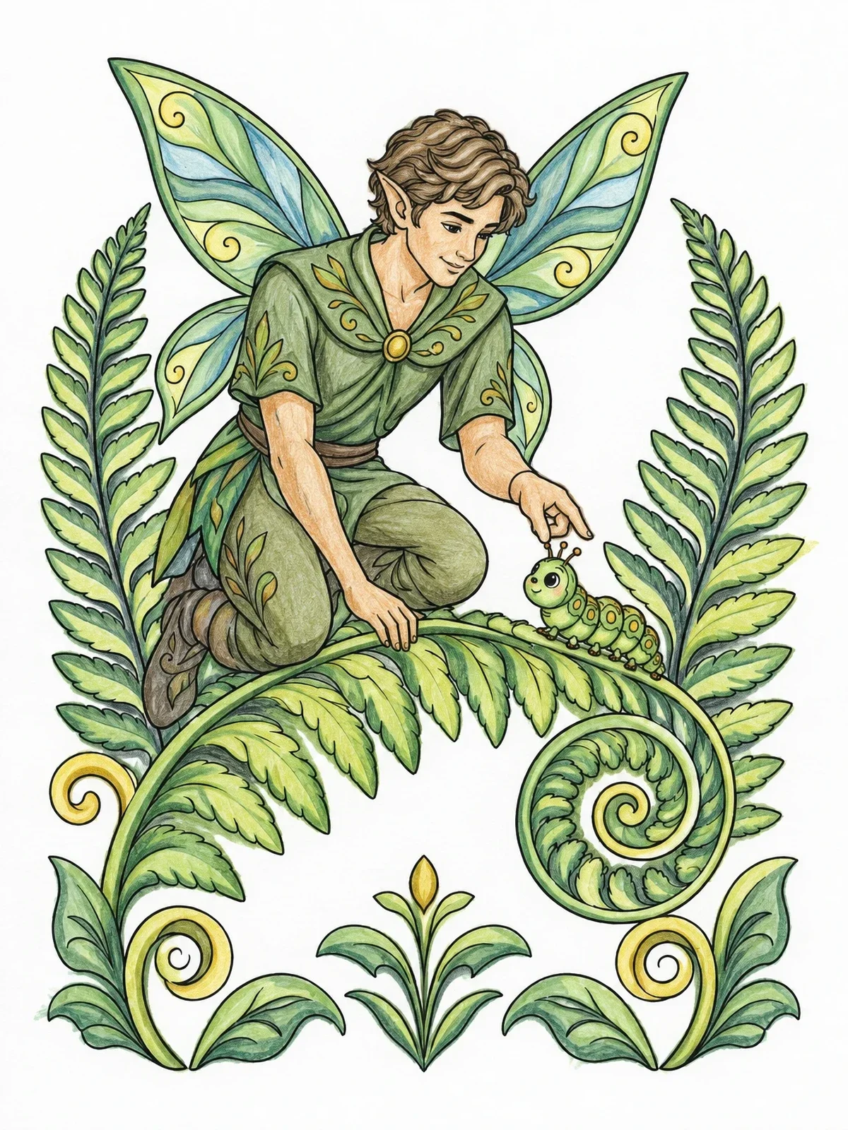 Colored example of the Pixie Guiding A Small Caterpillar coloring page
