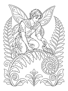A gentle winged pixie meets a cute caterpillar in this detailed pixies coloring page.