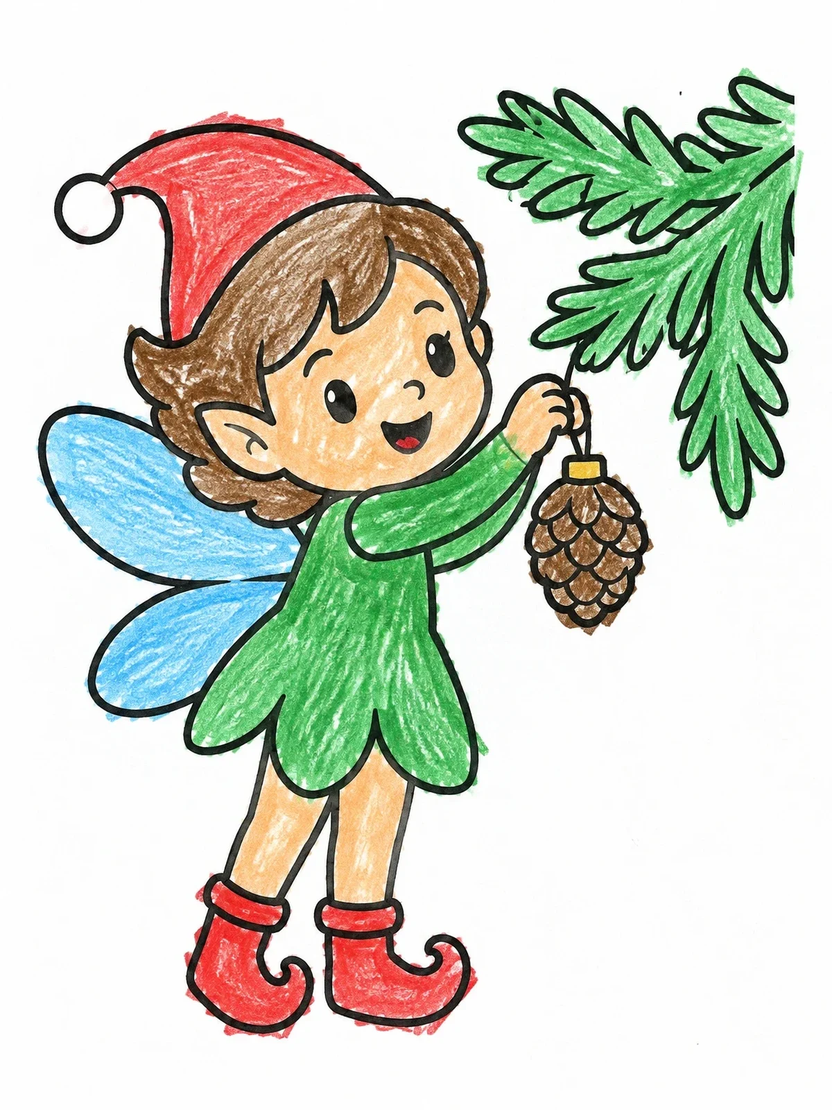 Colored example of the Little Pixie Hanging Pinecone Ornament coloring page