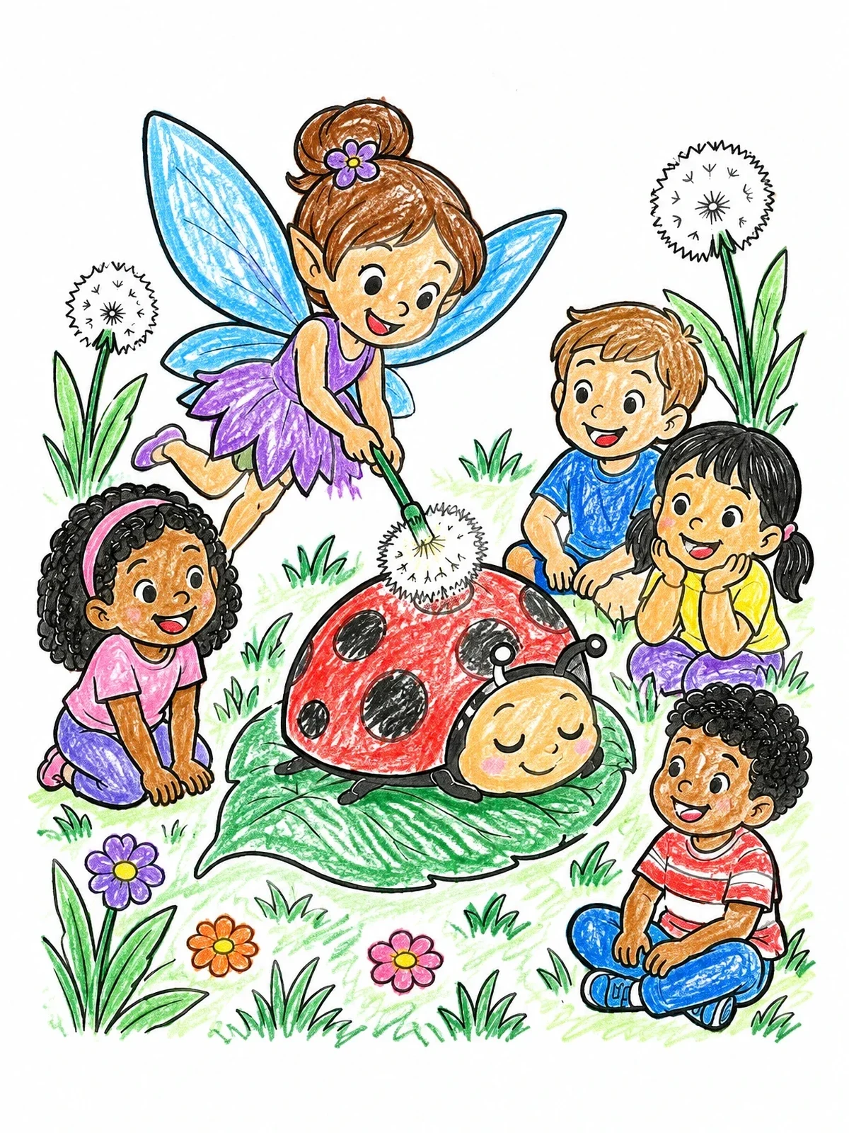 Colored example of the Pixie Painting A Ladybug coloring page