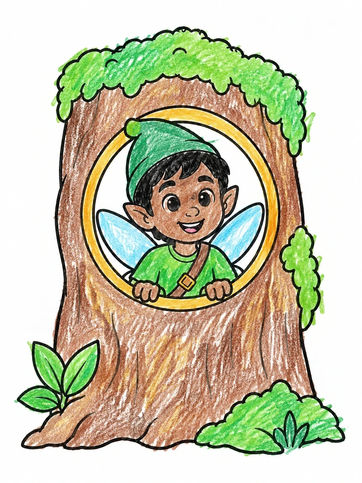 Colored example of the Pixie Peeking From Tree Hollow coloring page