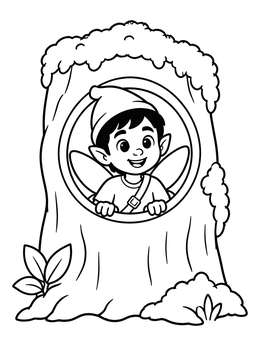 Free printable Pixie Peeking From Tree Hollow coloring page