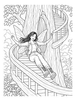 A cheerful pixie slides down wooden spiral stairs in this pixies coloring page.