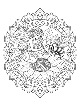 A detailed pixies coloring page showing a fairy painting a sunflower petal beside a bumblebee.