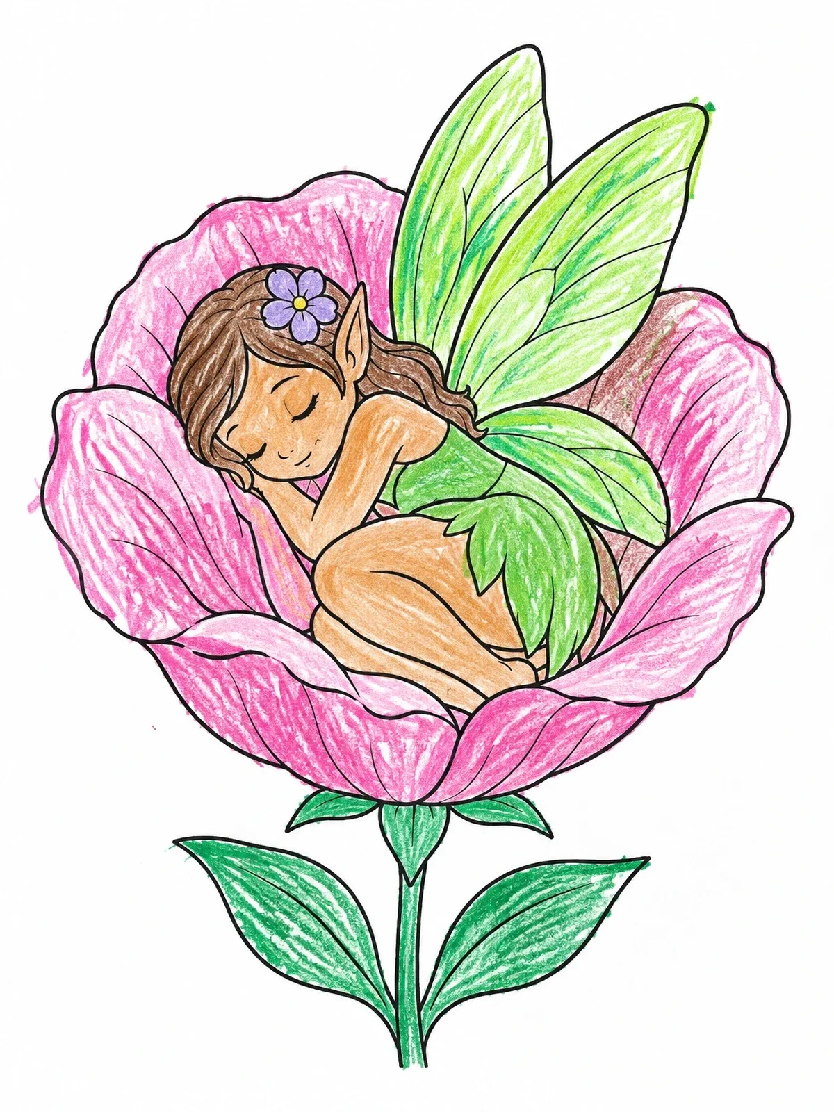 Colored example of the Sleeping Pixie In A Flower Blossom coloring page