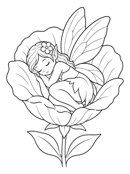 Free printable Sleeping Pixie In A Flower Blossom coloring page