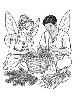 A detailed pixies coloring page featuring two winged fairies weaving a woven basket together.