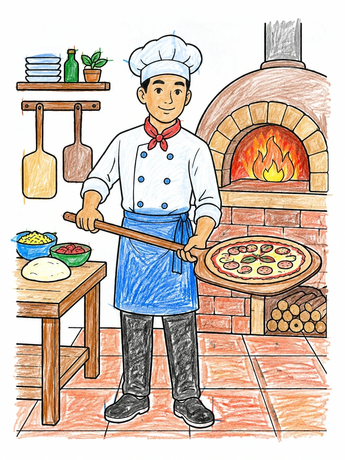 Colored example of the Pizza Chef At Stone Oven coloring page
