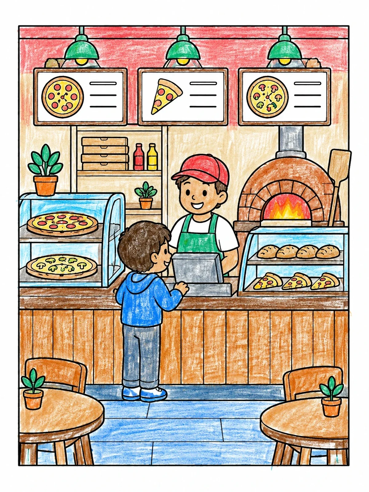 Colored example of the Cozy Pizzeria Counter Order coloring page
