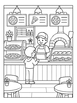 A pizza coloring page showing a boy ordering at a cozy pizzeria counter with display cases and a brick oven.
