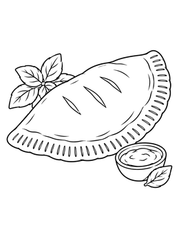 A freshly baked folded calzone and dipping sauce in this pizza coloring page.